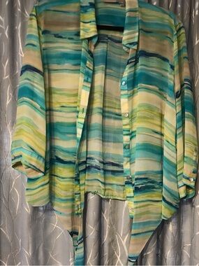 Chico's Beachy Watercolor Button-Down Shirt in Teal, Yellow, Aqua